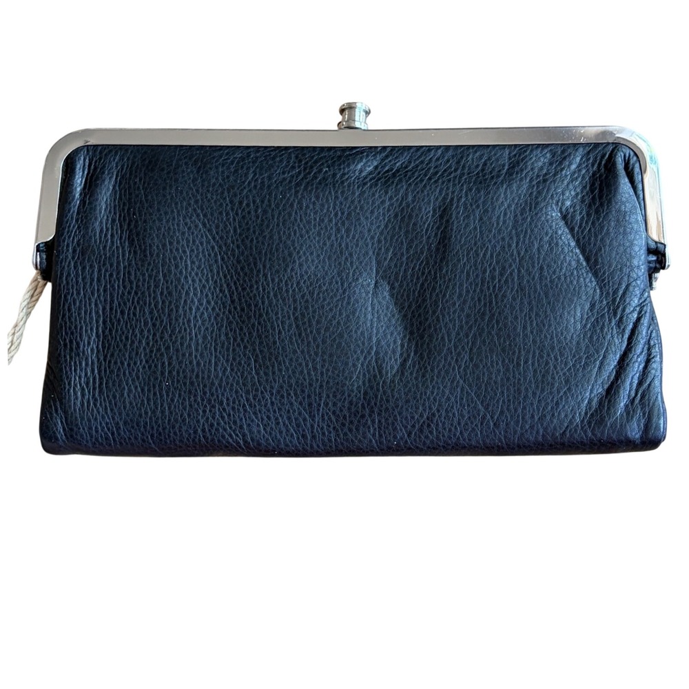 American Leather Co Black Pebbled Leather Double Kiss Lock Clutch Wallet Silver